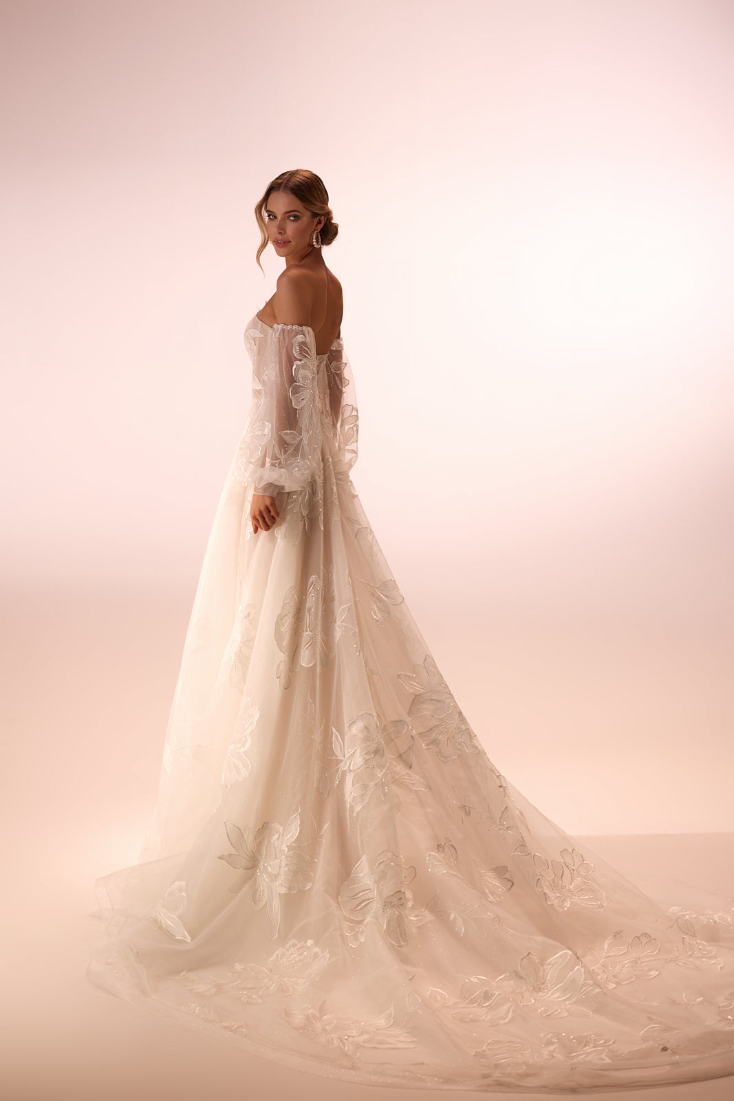 Abito da sposa moderno Caesaria con pizzo di DAMA Couture (vista posteriore)