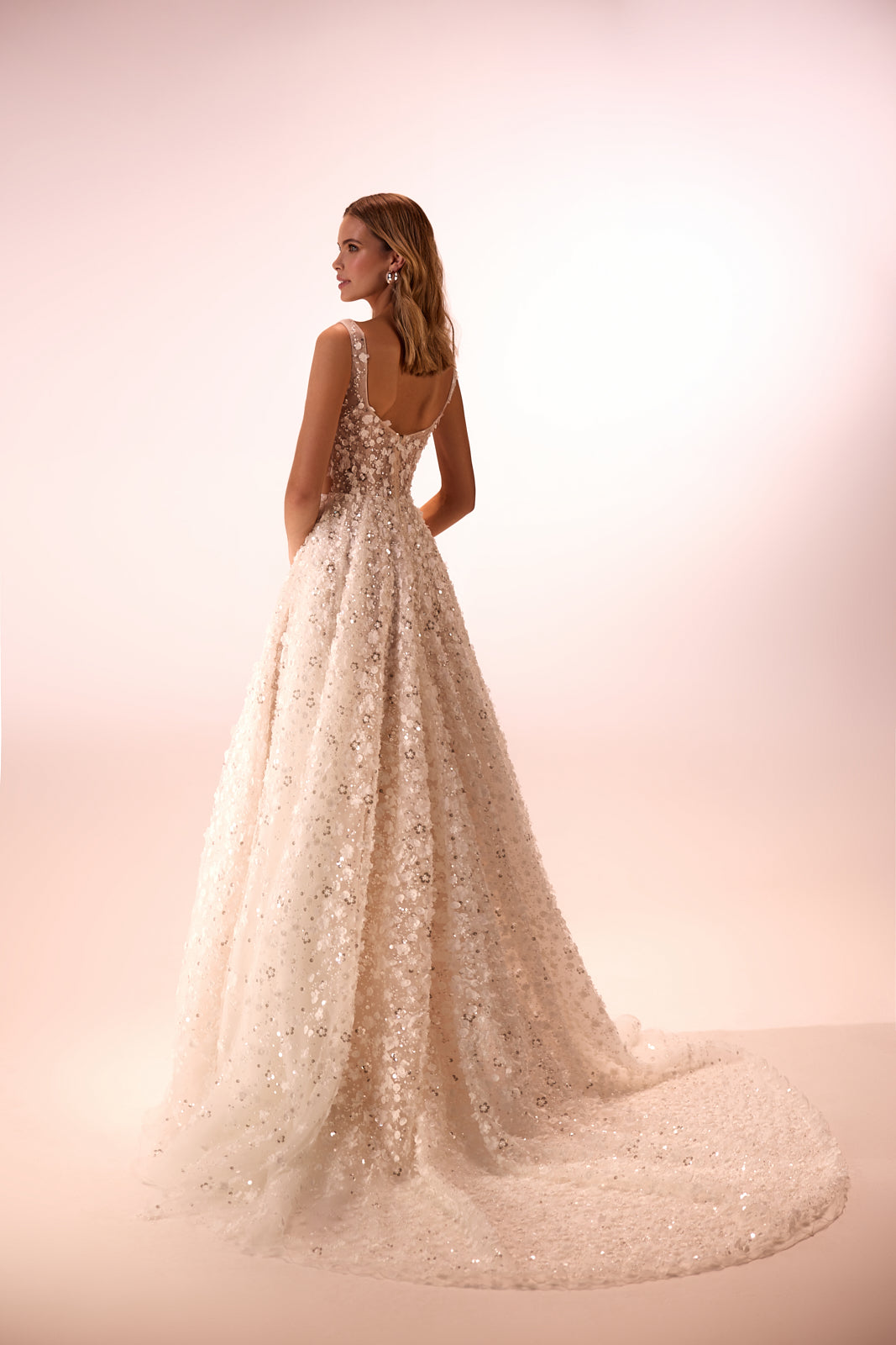 Abito da sposa glamour a trapezio Cathelyn di DAMA Couture (vista posteriore in studio)