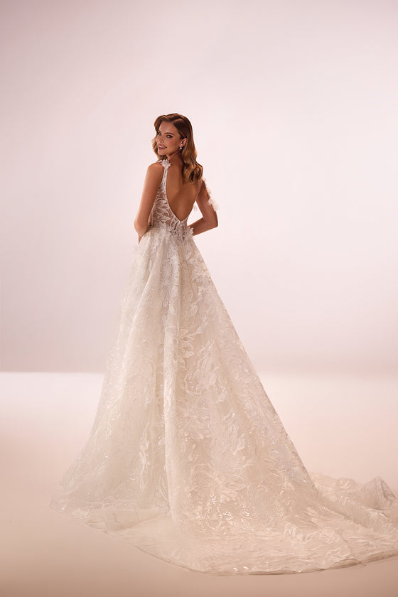 Abito da sposa glamour a trapezio Celia di DAMA Couture (vista posteriore)