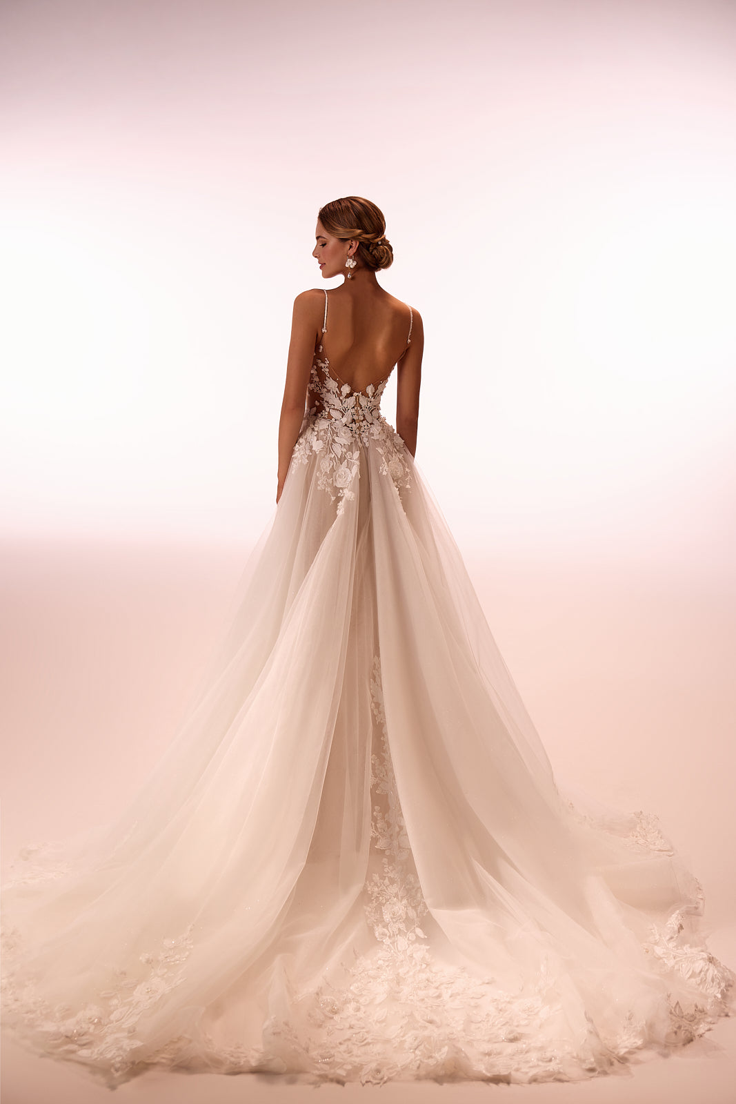 Abito da sposa a principessa Claire con pizzo di DAMA Couture (vista posteriore in studio)
