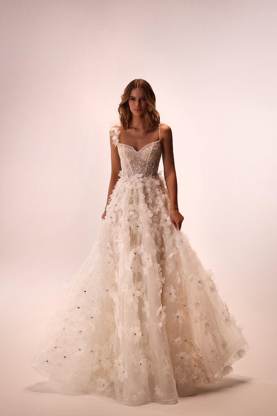Abito da sposa glamour a trapezio Elodie con pizzo tridimensionale di DAMA Couture (foto principale)
