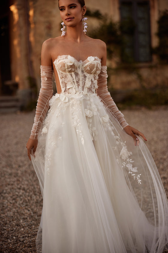 Abito da sposa romantico ed etereo Ilimaris con maniche di DAMA Couture (dettaglio)