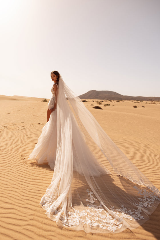 Velo da sposa cattedrale Aviva con delicate applicazioni di pizzo all’orlo, per un look romantico all’aperto.